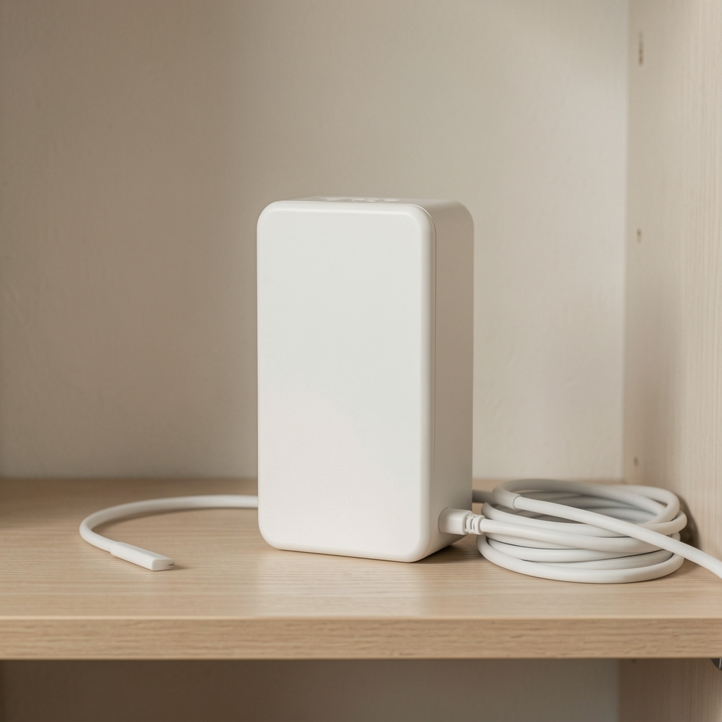 Aeotec Smart Home Hub uređaj bele boje sa belim kablovima koji stoji na polici