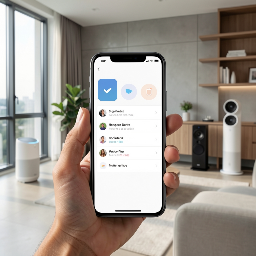 Prikaz mobilnog telefona sa Google Home aplikacijom u modernom stanu sa smart uređajima vidljivim u pozadini