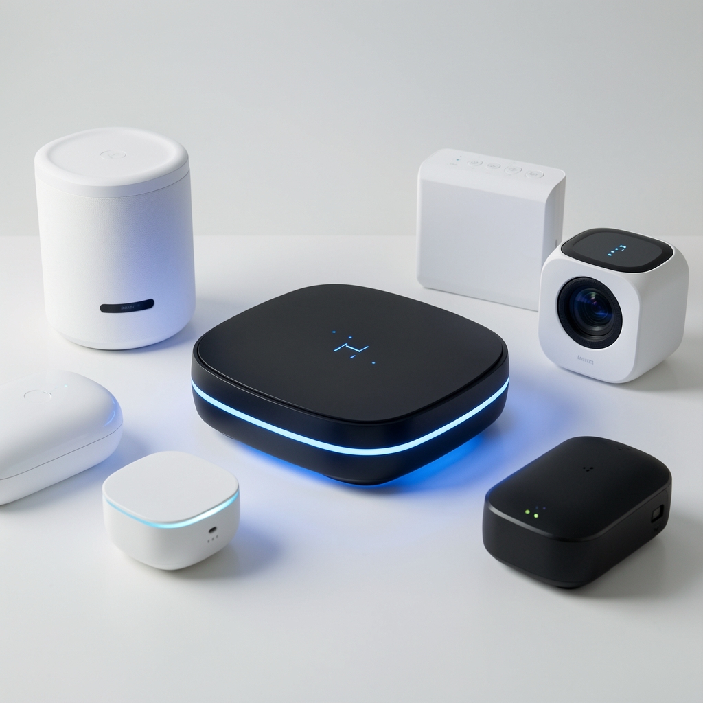 Smart hub uređaj sa plavim LED svetlima na beloj podlozi okružen raznim pametnim uređajima