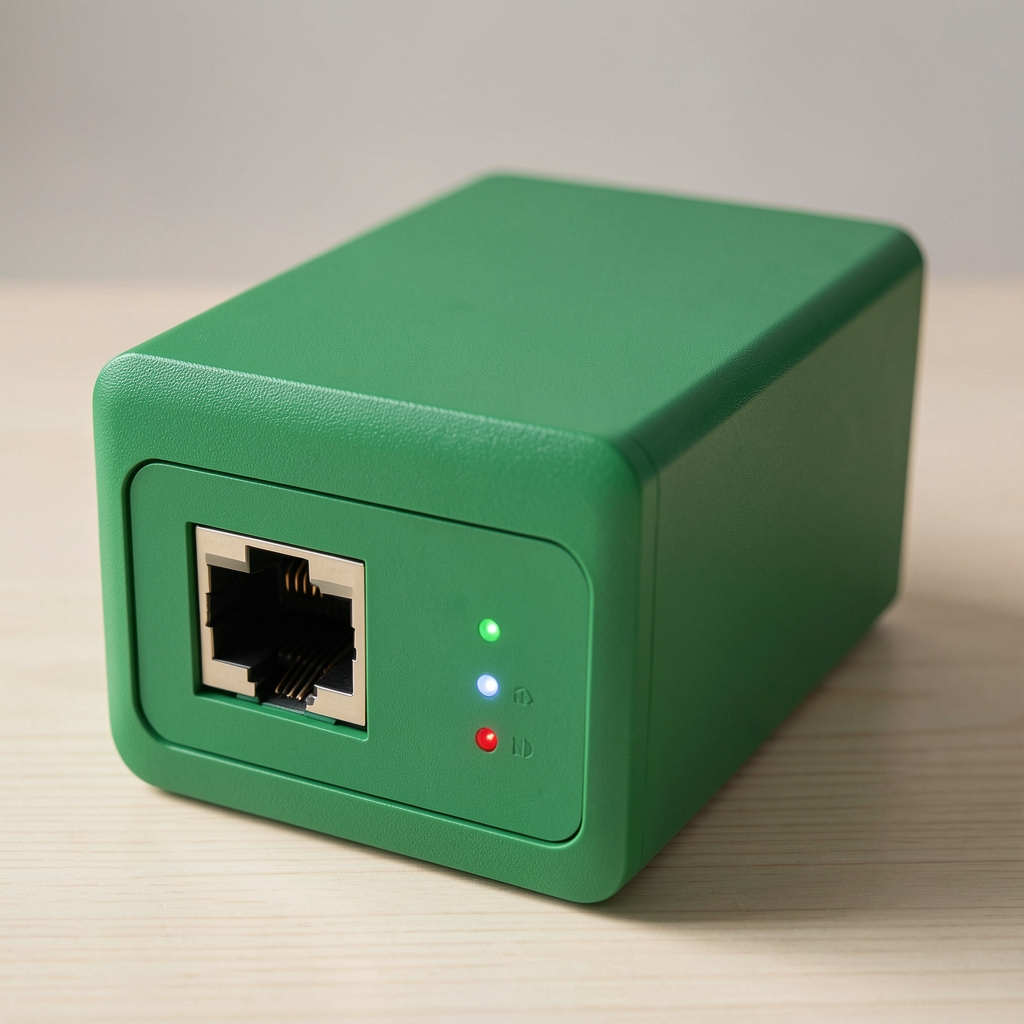 Home Assistant Green kućni server zelene boje sa LED indikatorom i Ethernet priključkom