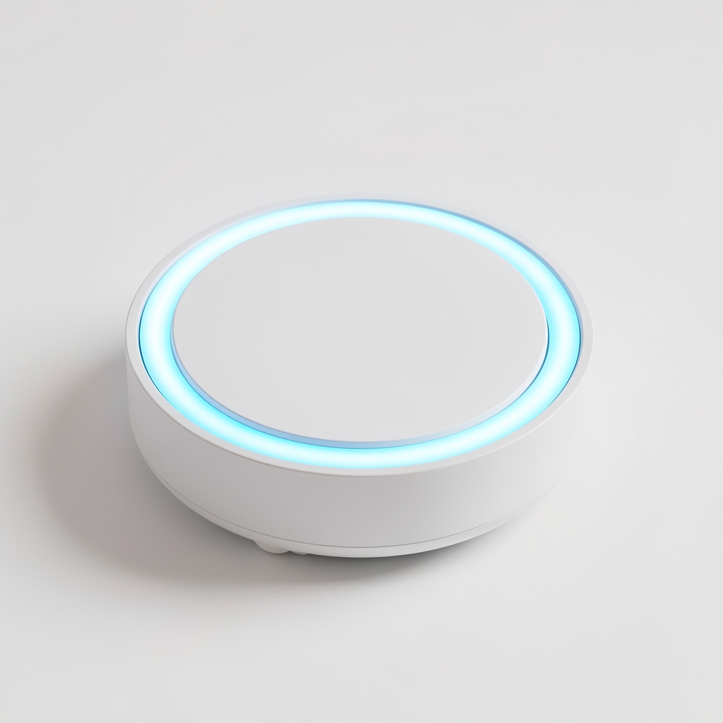Homey Pro okrugli beli pametni hub sa LED prstenom koji svetli u boji na beloj površini