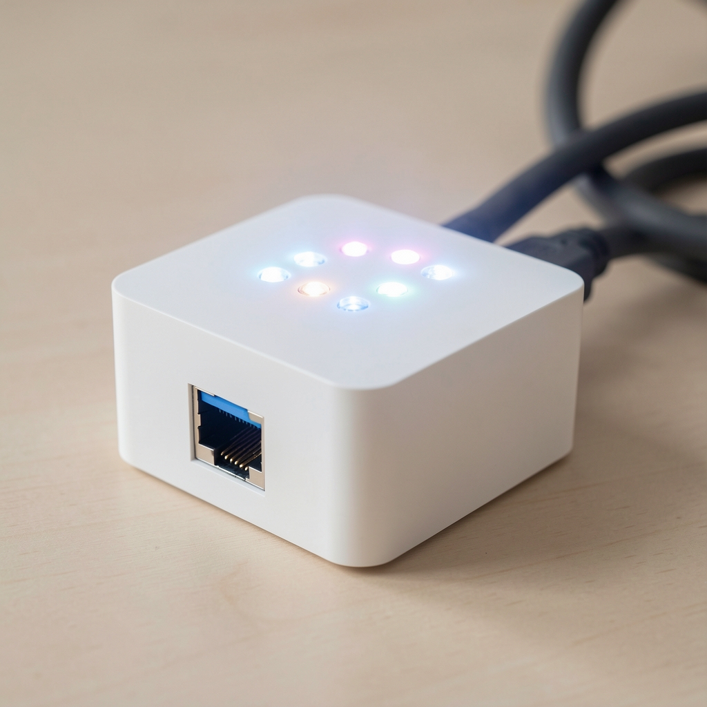 Philips Hue Bridge v2 mali kvadratni beli hub sa Ethernet kablom i svetlećim LED diodama na vrhu