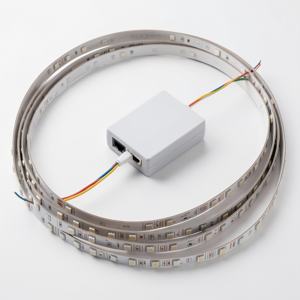 Gledopto Zigbee RGBW LED kontroler pravougaonog oblika sa priključcima za LED trake na beloj podlozi