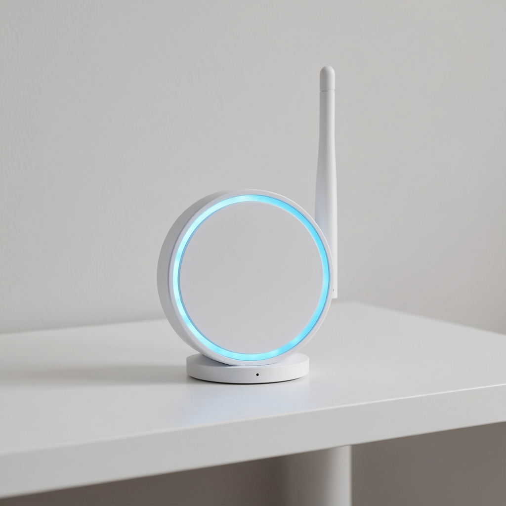 Aqara Hub M2 pametni hub uređaj bele boje sa plavim LED prstenom i Zigbee antenom, na beloj polici