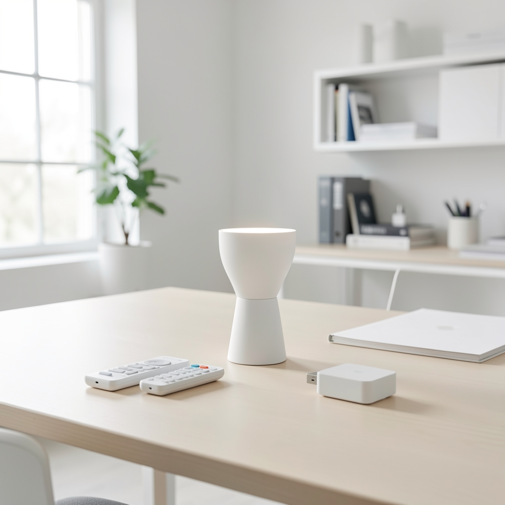 IKEA TRADFRI E27 pametna sijalica u matirano belom grlu, prikazana sa IKEA kontrolerom i USB houbom