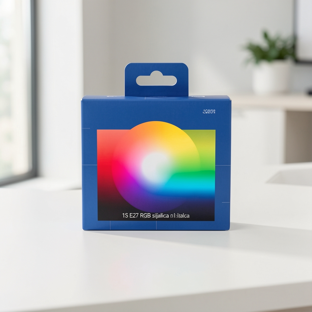 Xiaomi Yeelight Smart Bulb 1S E27 RGB sijalica, plavo pakovanje na beloj površini sa prikazom spektra boja