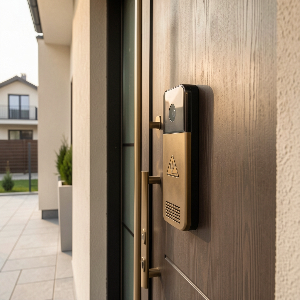 Ring Video Doorbell 4 bronzane boje sa kamerom montiran na ulazna vrata moderne kuće u Srbiji