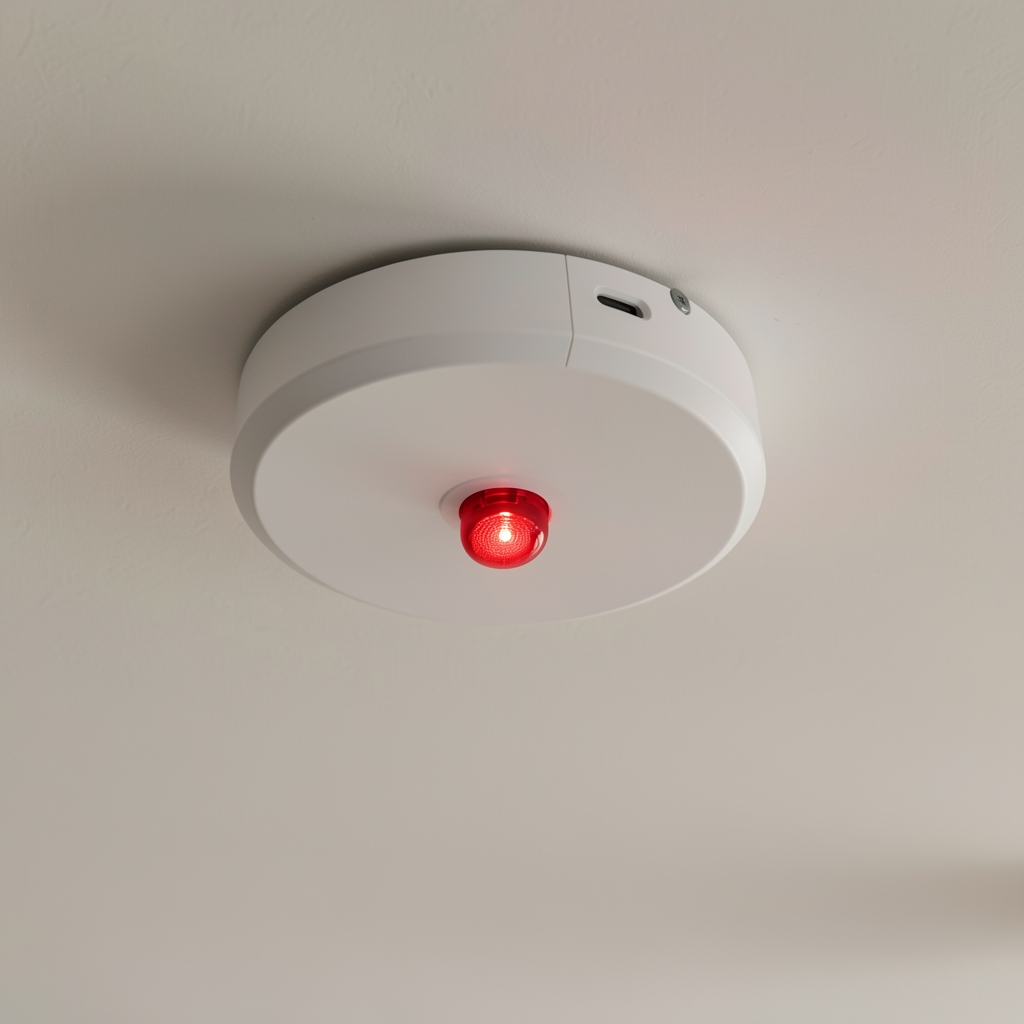 Fibaro Smoke Sensor 2 bijeli okrugli senzor dima montiran na plafonu sa crvenim LED indikatorm upozorenja
