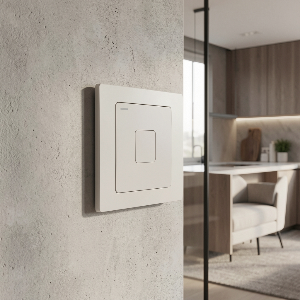 Legrand Céliane Connected beli zidni prekidač s mat površinom ugrađen u moderni enterijer